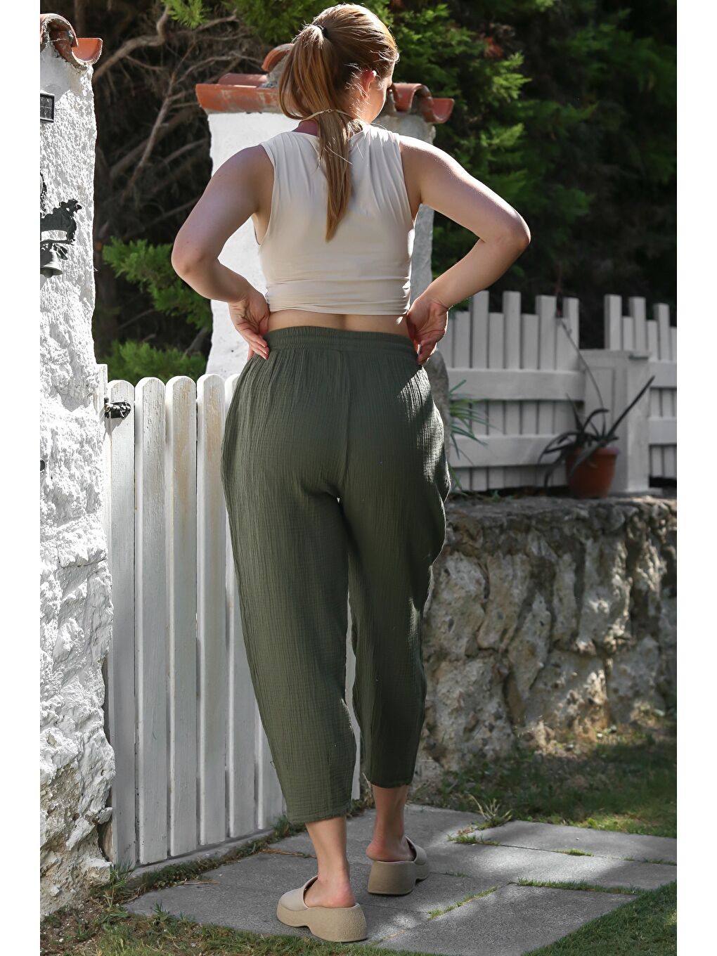 Organik Pamuk Haki Cepli Lastikli Ve Bağlamalı Bel Şalvar Casual Müslin Dokuma Pantolon 100 65-1