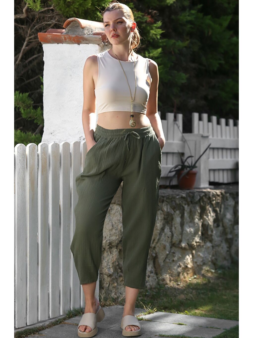 Organik Pamuk Haki Cepli Lastikli Ve Bağlamalı Bel Şalvar Casual Müslin Dokuma Pantolon 100 65-2