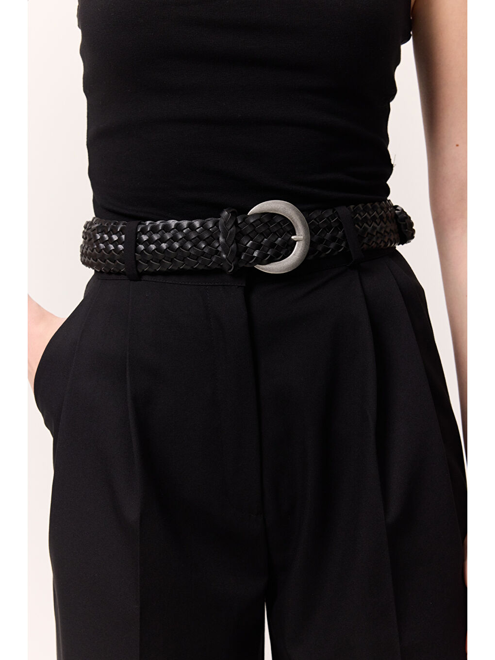 Örgü Deri Tokalı Kemer Siyah-2