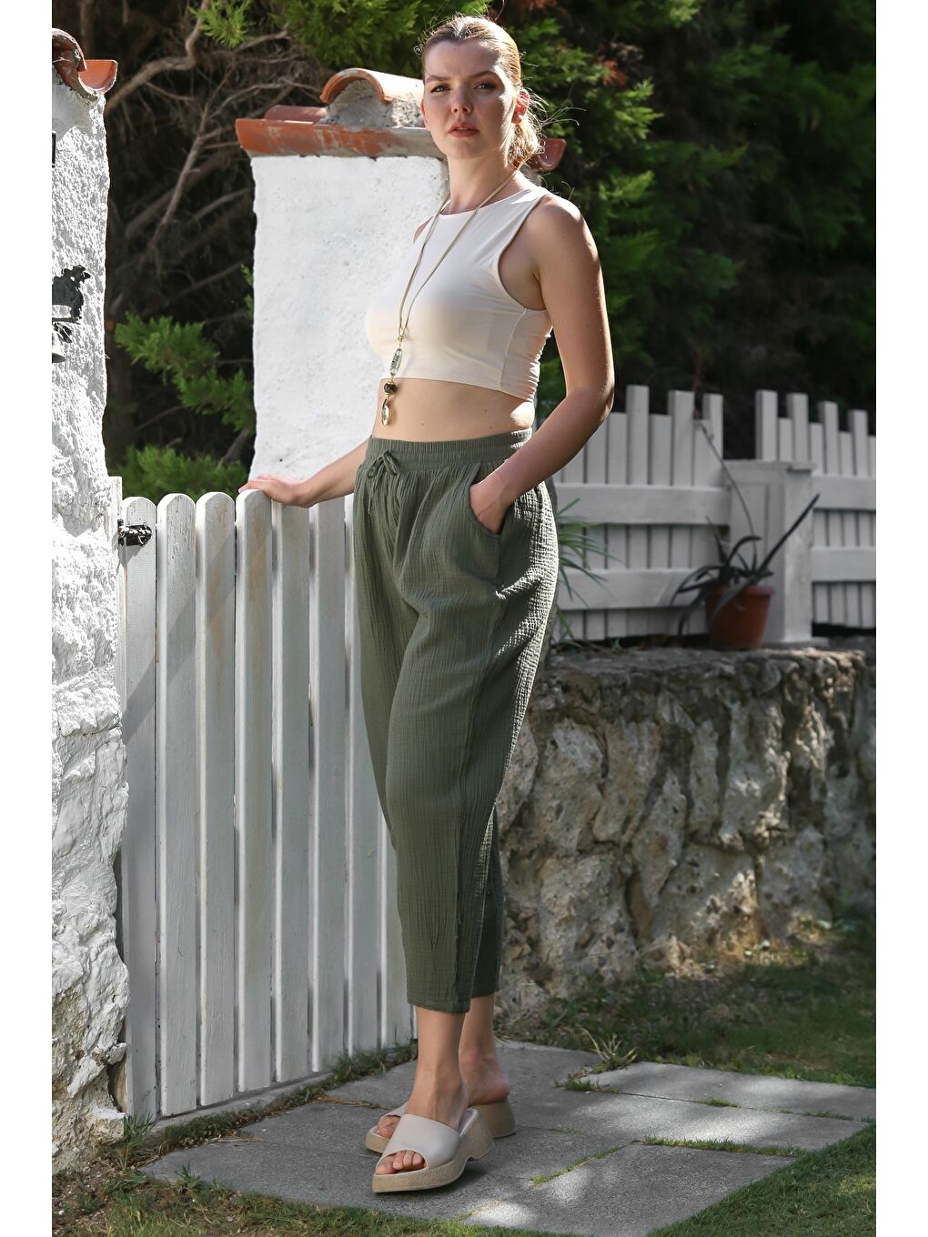 Organik Pamuk Haki Cepli Lastikli Ve Bağlamalı Bel Şalvar Casual Müslin Dokuma Pantolon 100 65-3