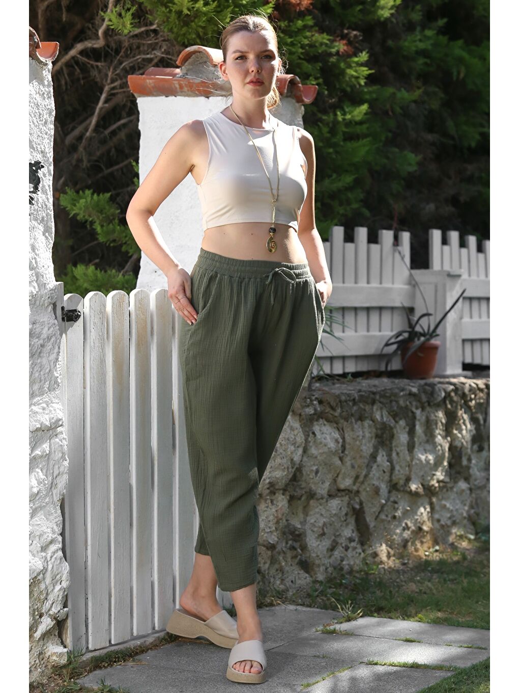 Organik Pamuk Haki Cepli Lastikli Ve Bağlamalı Bel Şalvar Casual Müslin Dokuma Pantolon 100 65-4