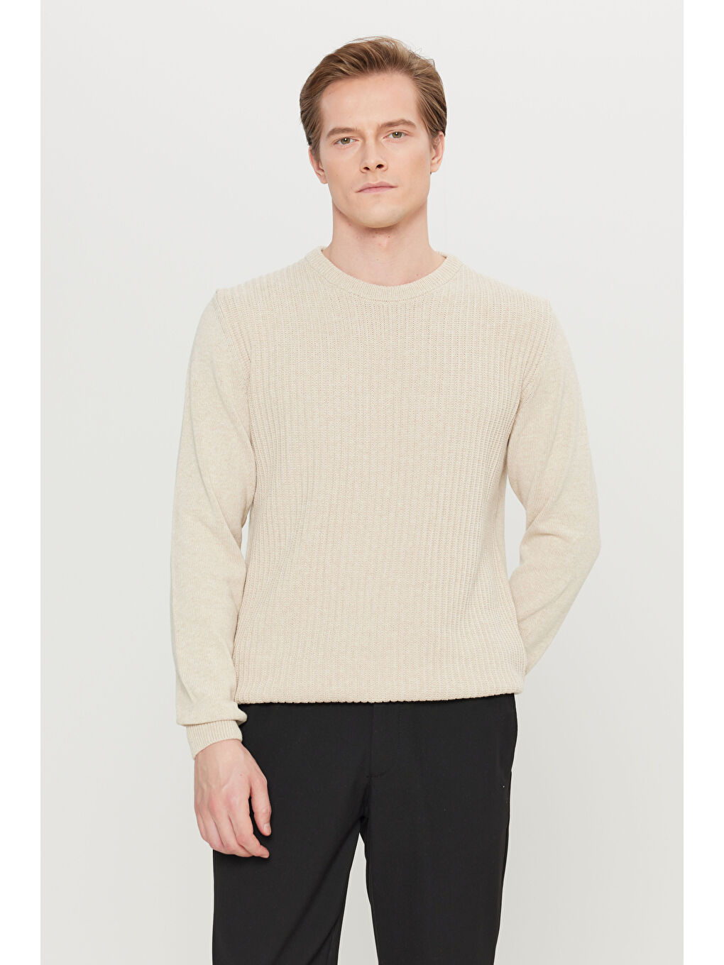 Erkek Açık Bej Pamuklu Standart Fit Normal Kesim Bisiklet Yaka Jakarlı Triko Kazak