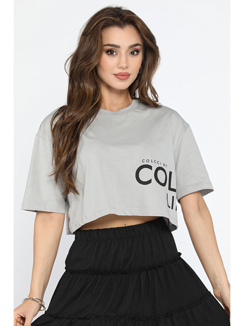 Gri Baskılı Bisiklet Yaka Kadın Tişört