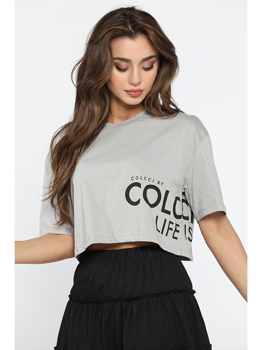 Gri Baskılı Bisiklet Yaka Kadın Tişört-1