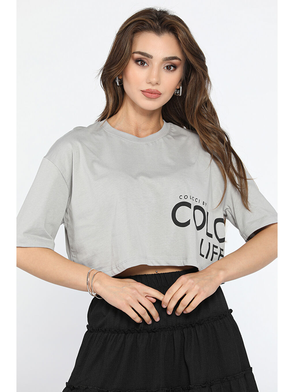 Gri Baskılı Bisiklet Yaka Kadın Tişört-2