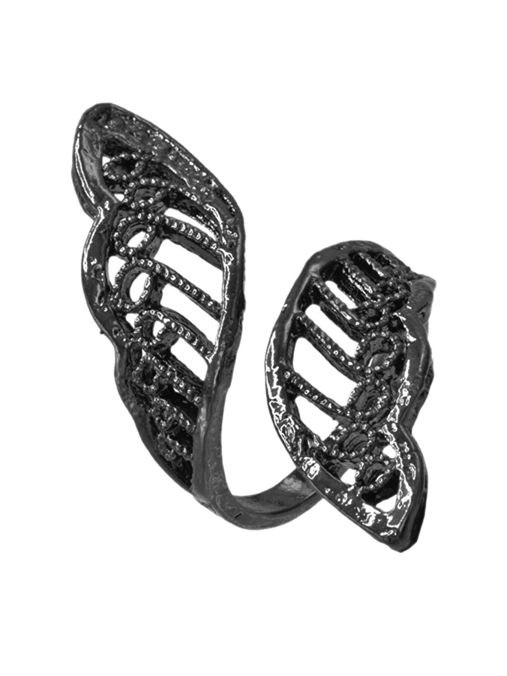 Kadın Siyah Antrasit Lak Kaplama Ayarlanabilir Yaprak Stilizesi Yüzük-1