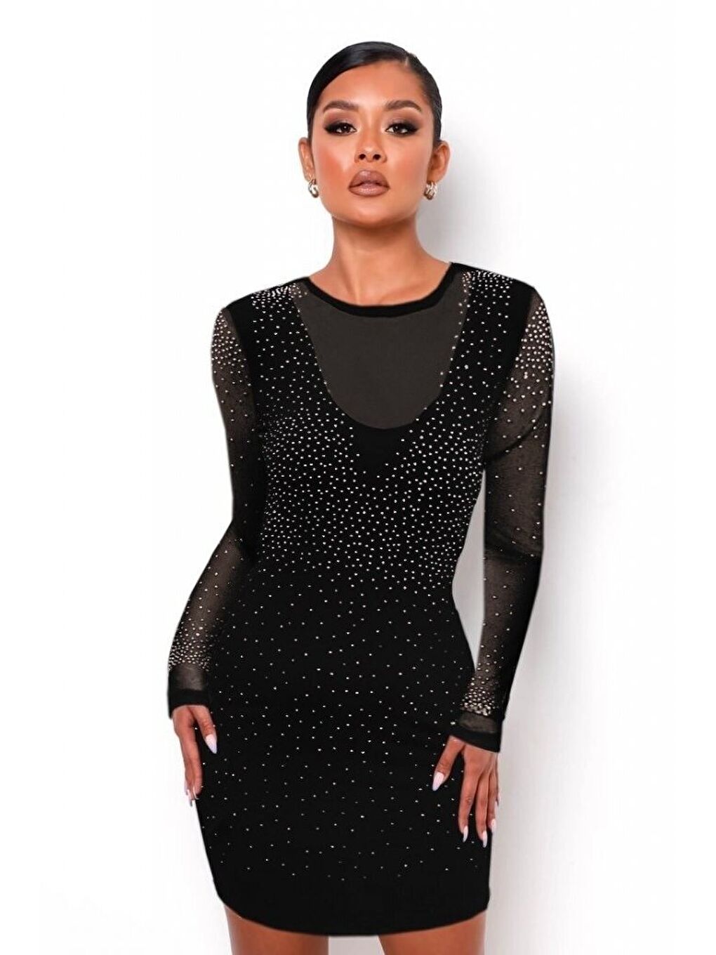 Siyah Kadın Uzun Kollu Yuvarlak Yaka Dekolteli Taşlı Dalgıç Elbise-1