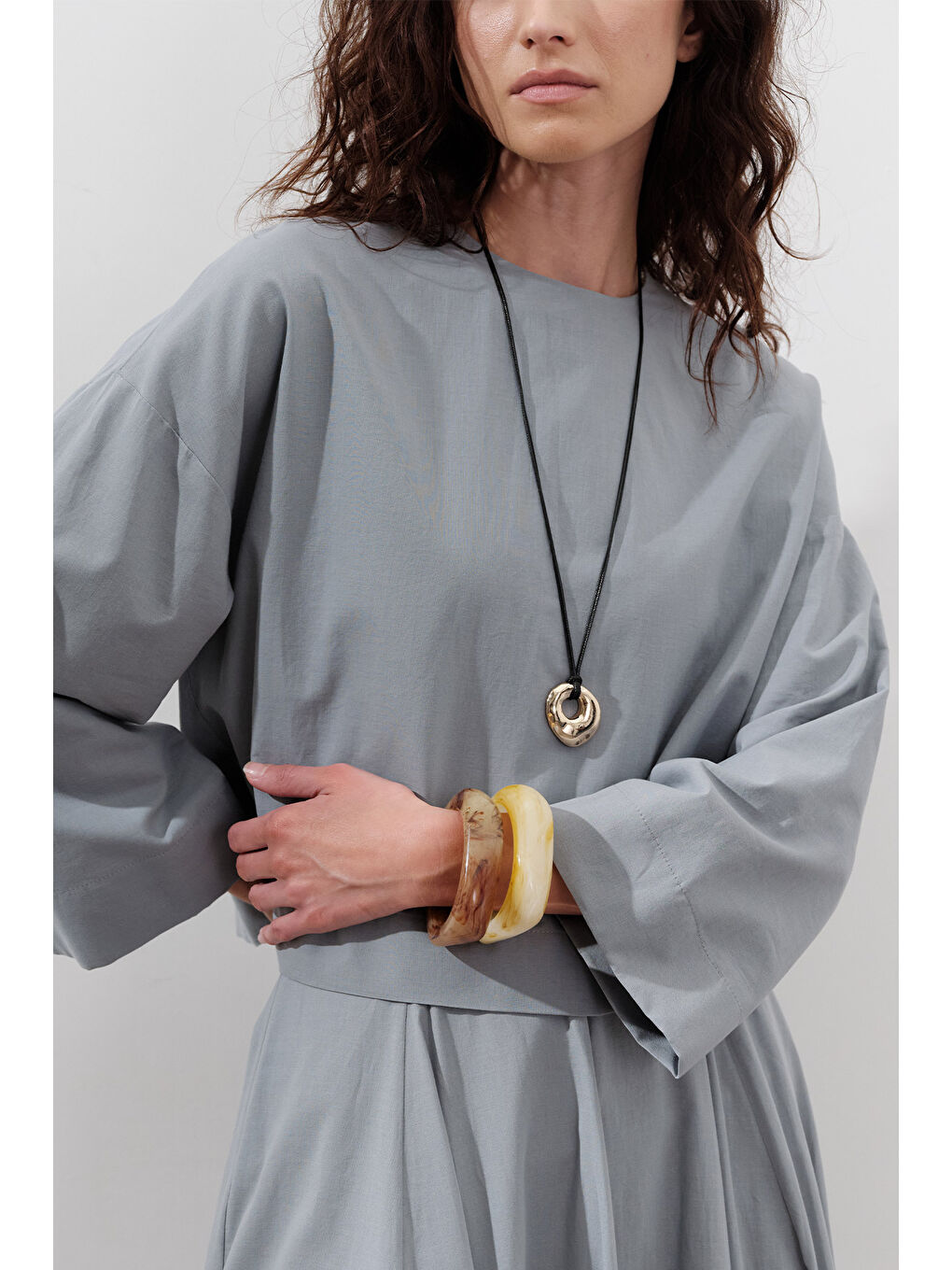 Pamuklu Crop Uzun Kol Bluz Tozlu Mavi-3