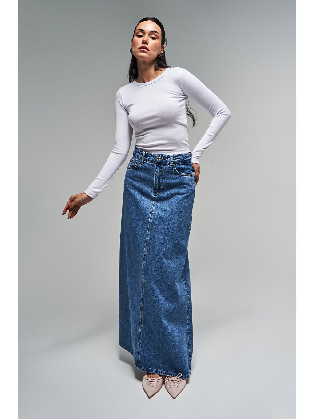 Mavi Kadın Jean Rengi 3S5-4 Çan Kesim %100 Pamuk Maxi Boy 100 cm Denim Etek