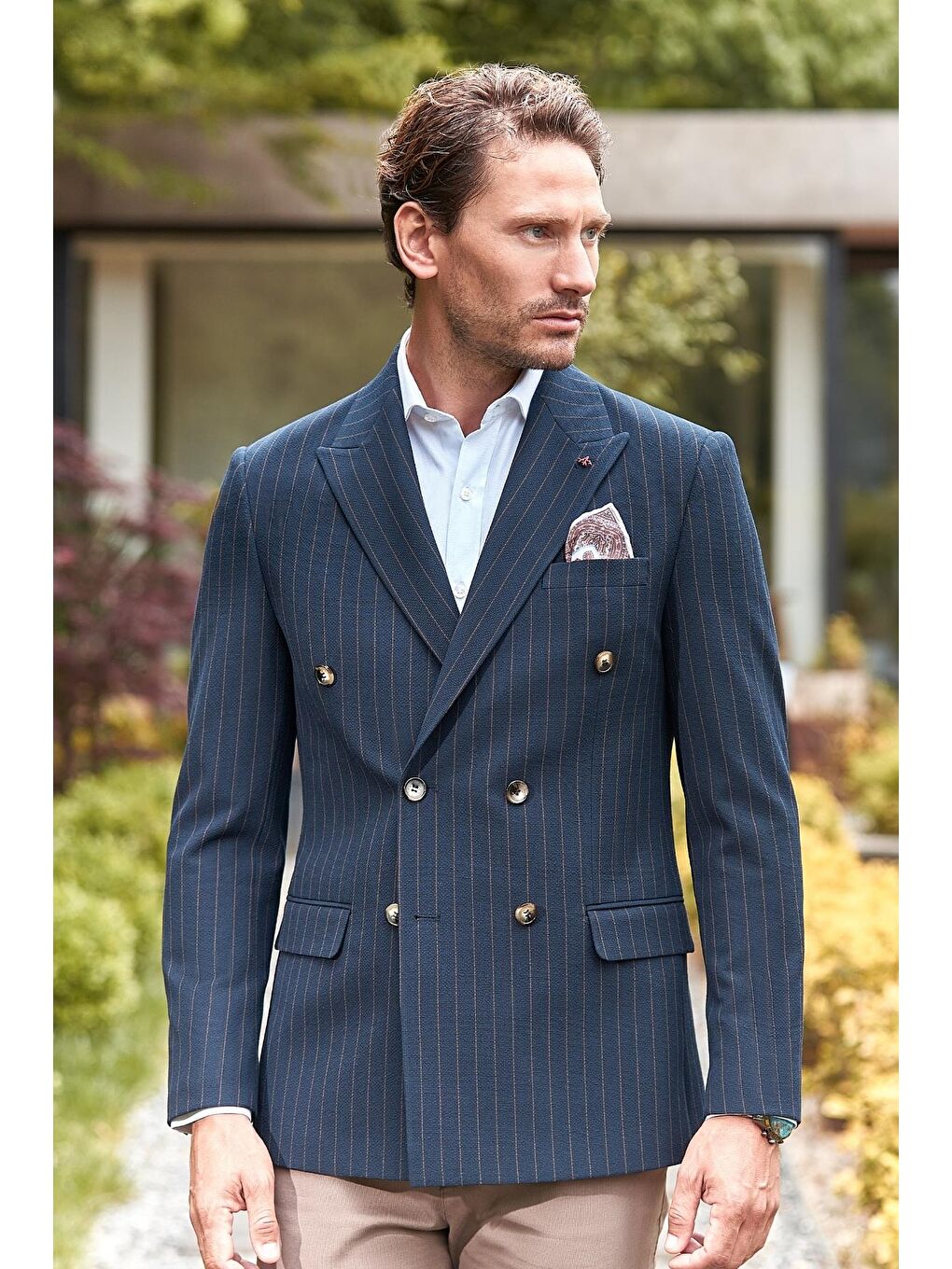 Koyu Lacivert Çizgili Desen Gofreli Kruvaze 6 Drop Slim Fit Classic Esnek Ceket 1002240159