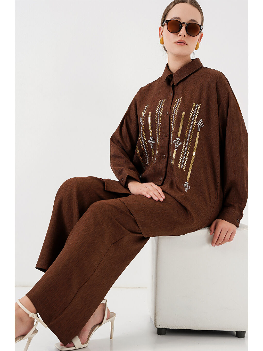 Desenli Tunik Pantolon İkili Takım 6720 - Kahverengi