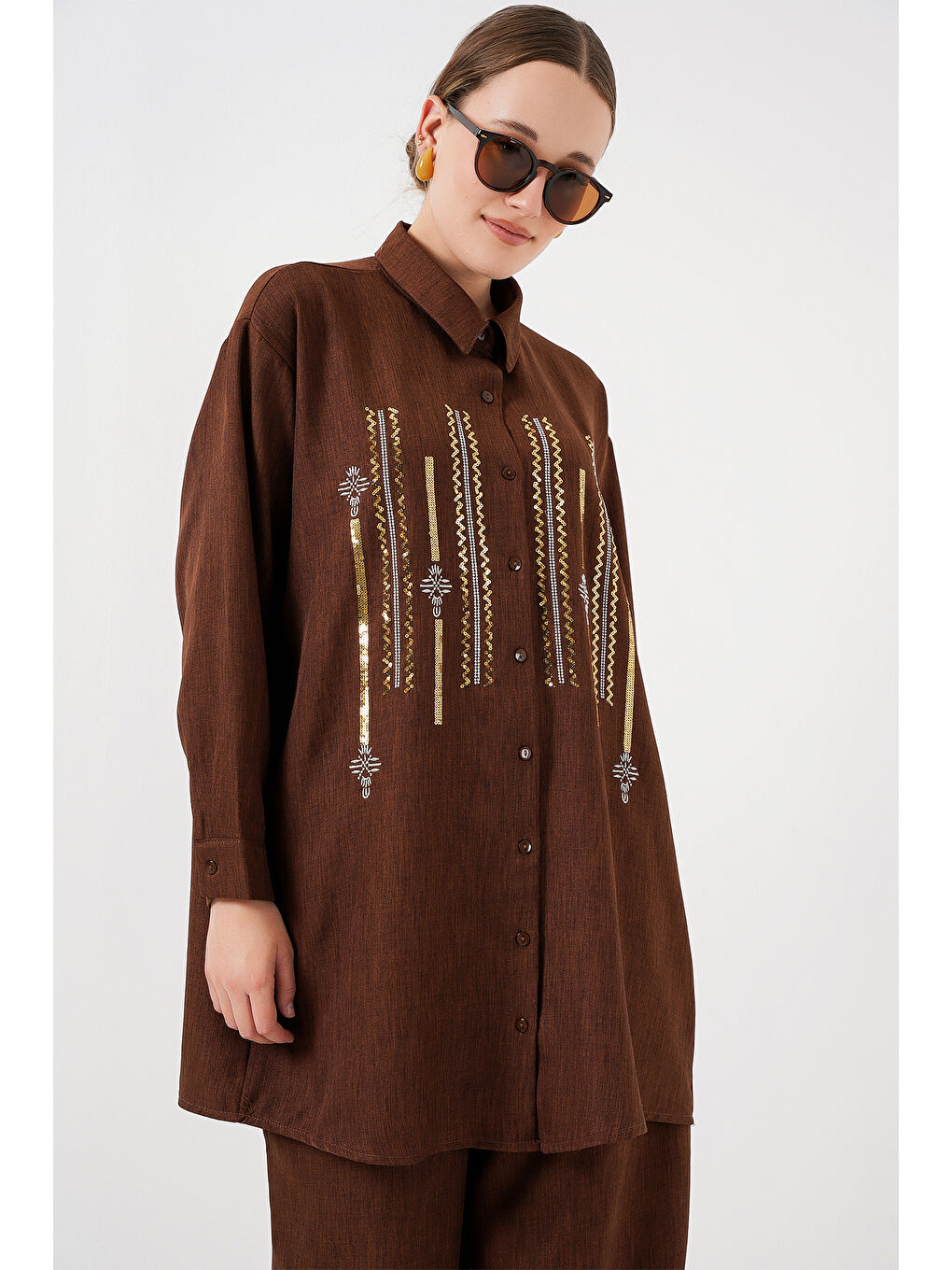 Desenli Tunik Pantolon İkili Takım 6720 - Kahverengi-1