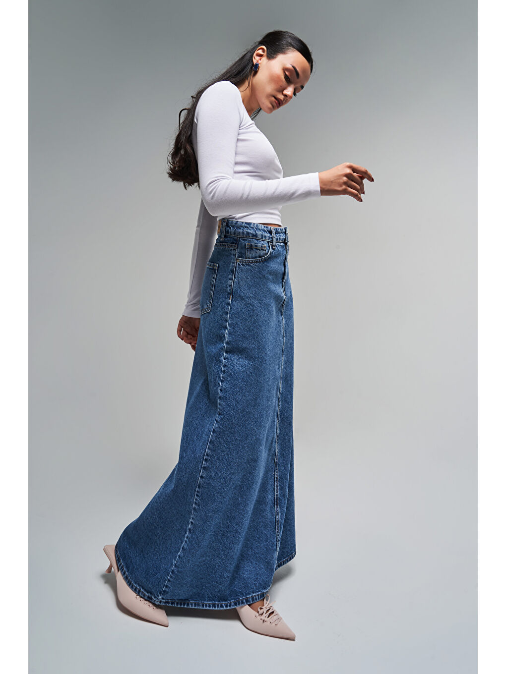 Mavi Kadın Jean Rengi 3S5-4 Çan Kesim %100 Pamuk Maxi Boy 100 cm Denim Etek-2