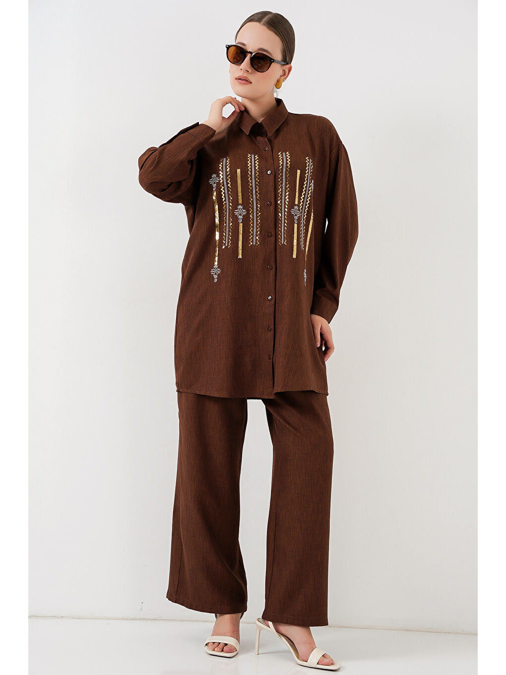 Desenli Tunik Pantolon İkili Takım 6720 - Kahverengi-3