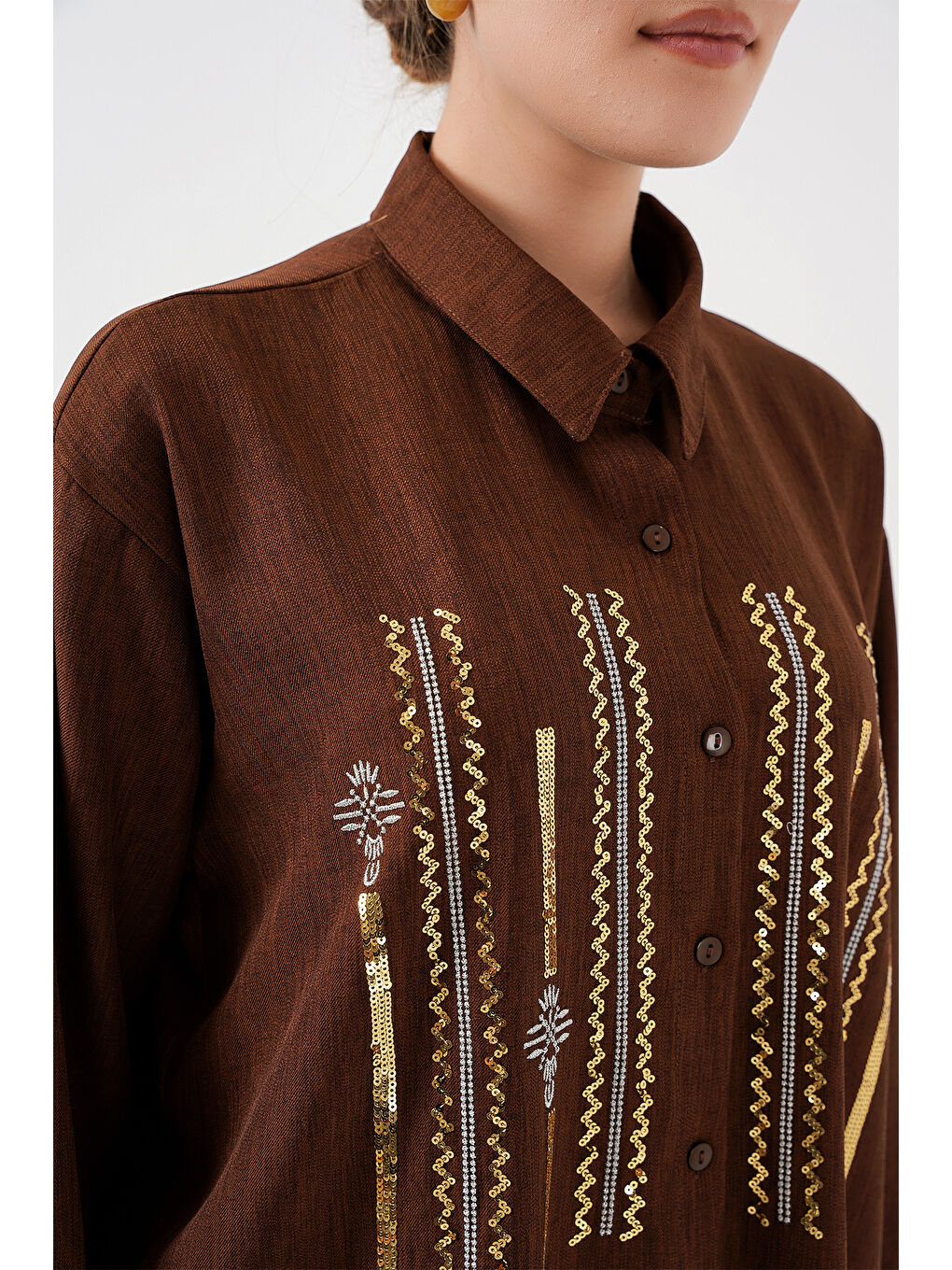 Desenli Tunik Pantolon İkili Takım 6720 - Kahverengi-4