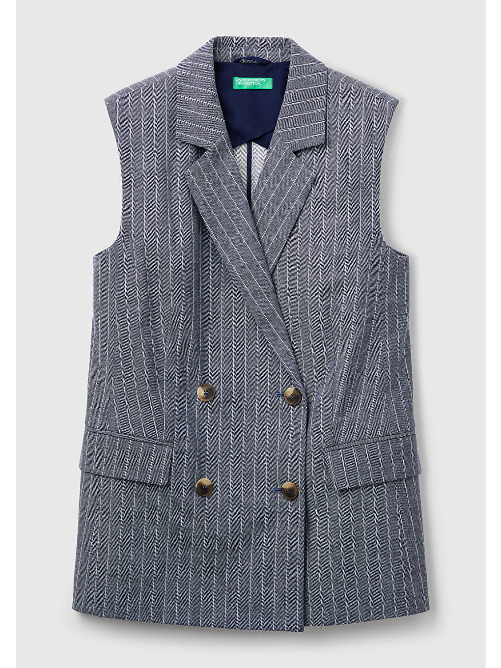 Kadın Lacivert Pamuk Ve Keten Karışımlı İnce Çizgili Cepli Kruvaze Yelek-1