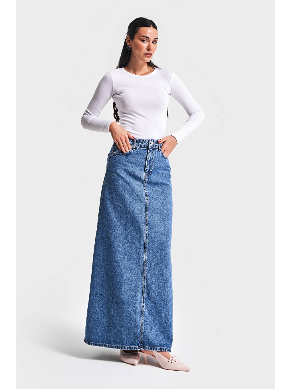 Mavi Kadın Jean Rengi 3S5-4 Çan Kesim %100 Pamuk Maxi Boy 100 cm Denim Etek-4