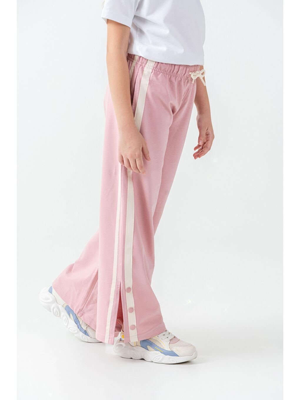 Pembe Yanlar Grogren Şeritli Paçalar Çıtçıtlı Kız Çocuk Eşofman Alt-1