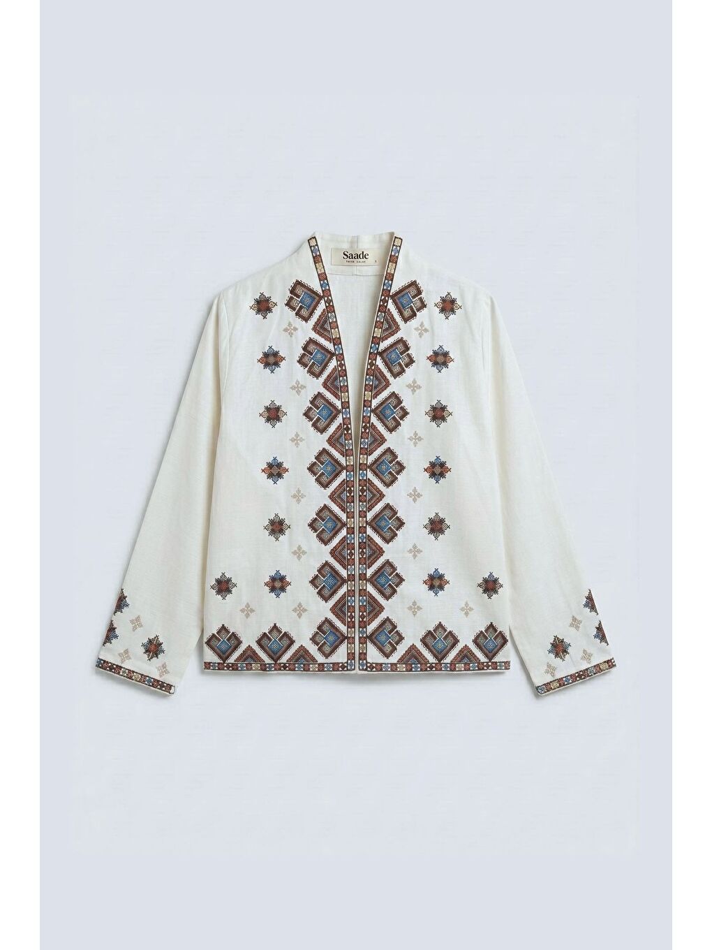 Ekru Kadın Oversize Önü Açık Etnik Nakışlı İnce Gabardin Ceket-5