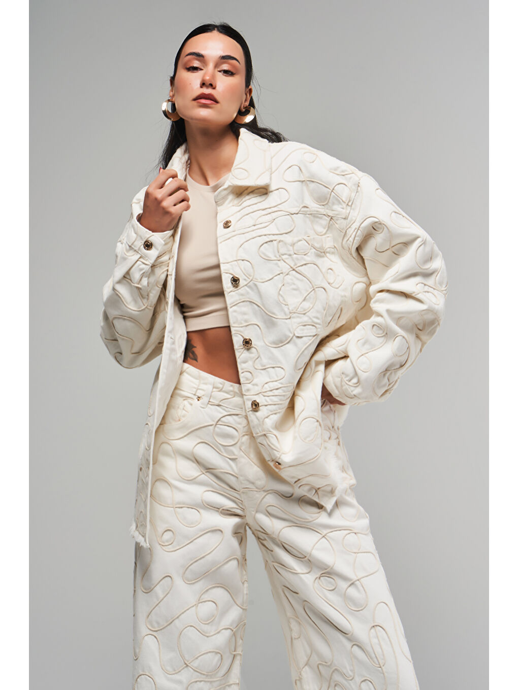 Kadın Ekru Renk 7s5-101 Özel Kumaş Oversize %100 Pamuk Tasarım Denim Ceket