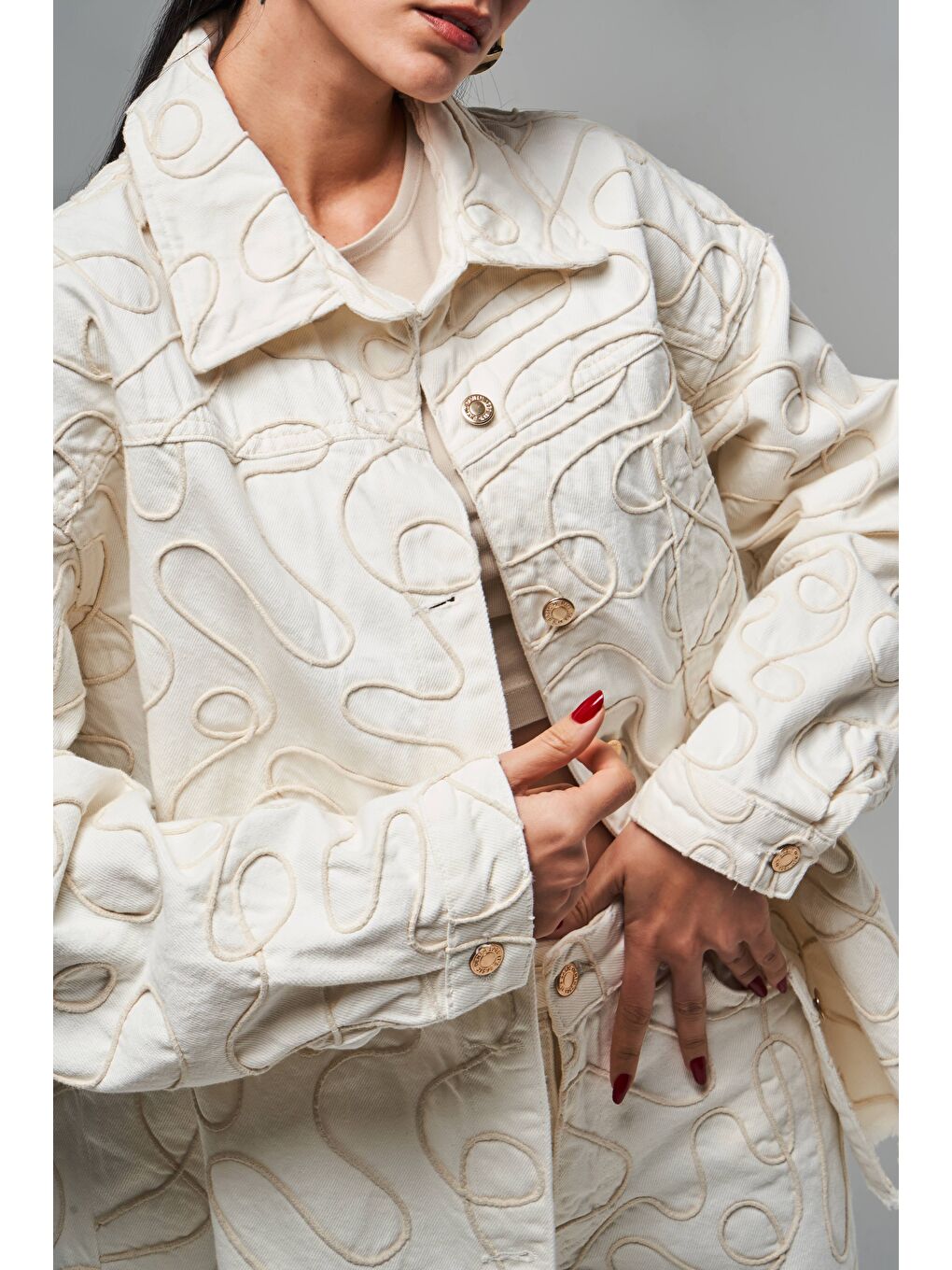 Kadın Ekru Renk 7s5-101 Özel Kumaş Oversize %100 Pamuk Tasarım Denim Ceket-1