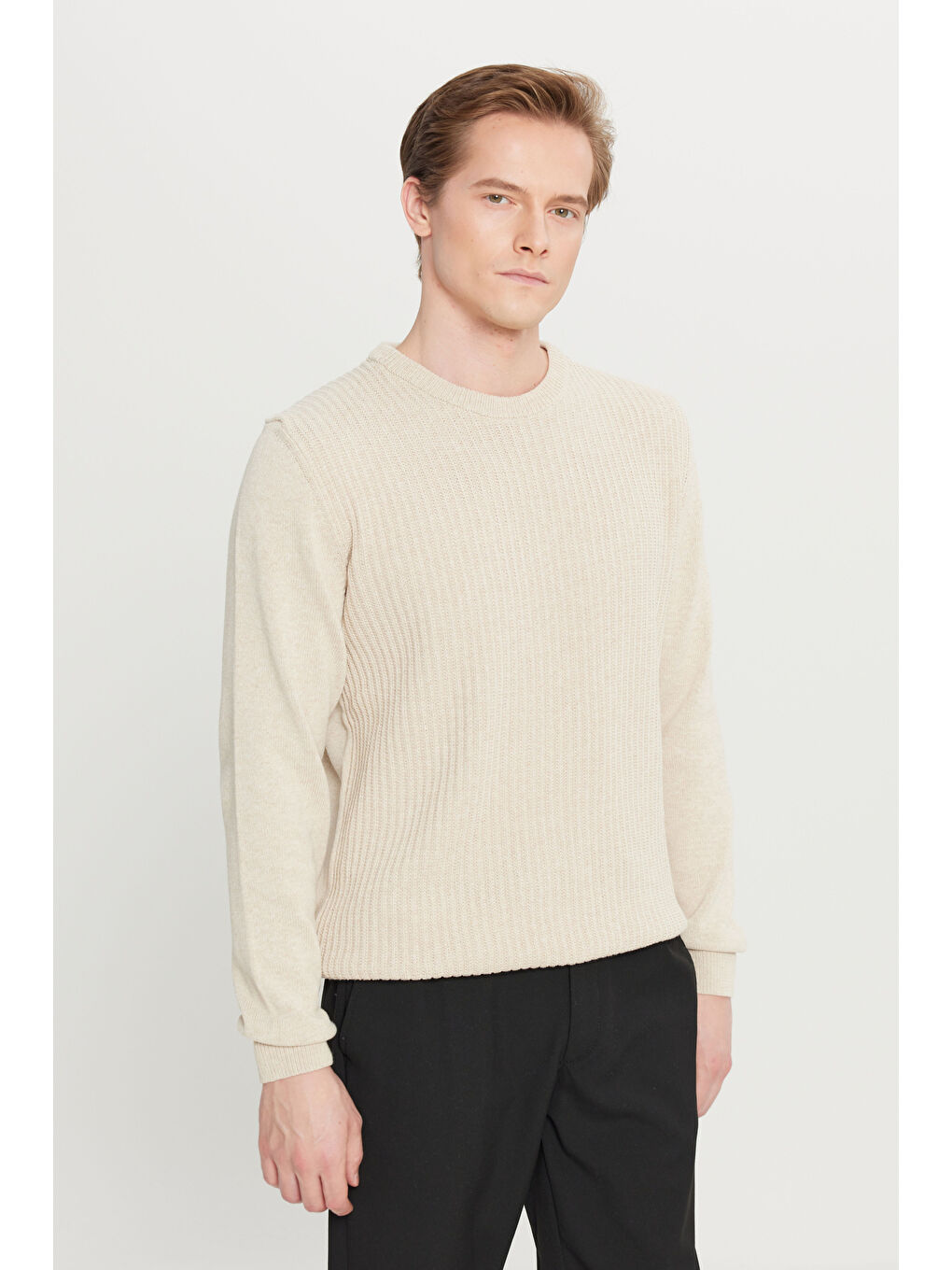 Erkek Açık Bej Pamuklu Standart Fit Normal Kesim Bisiklet Yaka Jakarlı Triko Kazak-2