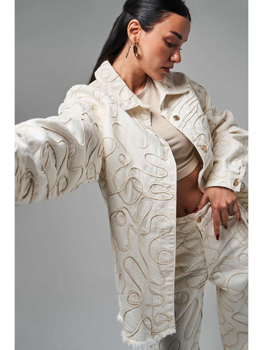 Kadın Ekru Renk 7s5-101 Özel Kumaş Oversize %100 Pamuk Tasarım Denim Ceket-3