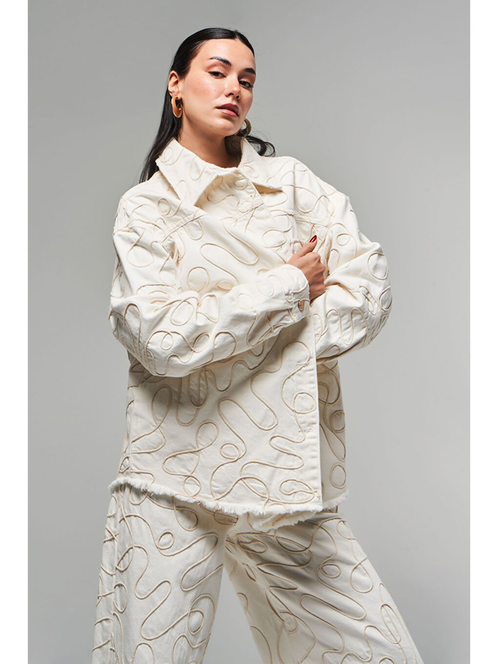 Kadın Ekru Renk 7s5-101 Özel Kumaş Oversize %100 Pamuk Tasarım Denim Ceket-4