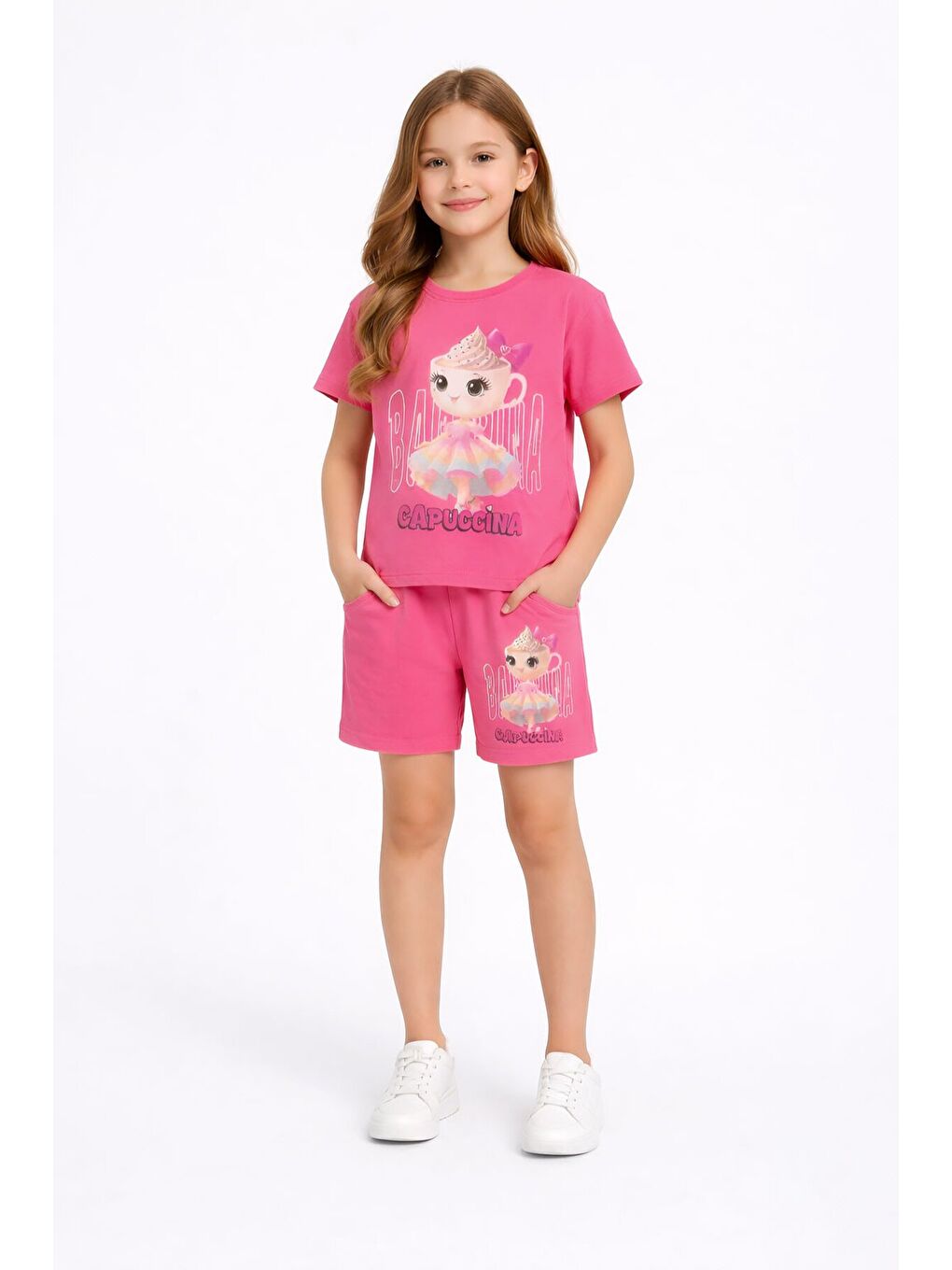 Pembe Sevimli Capuccina Baskılı Kız Çocuk Şortlu 2li Takım 23889-1