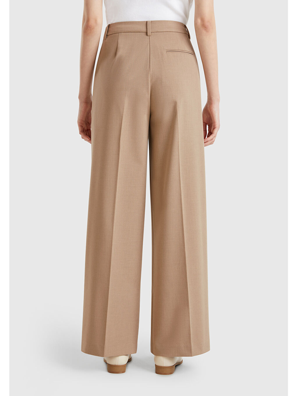 Kadın Bej Streç Kumaşlı Yüksek Bel Wide Leg Pantolon-2