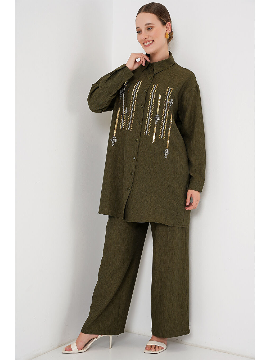 Desenli Tunik Pantolon İkili Takım 6720 - Haki-4