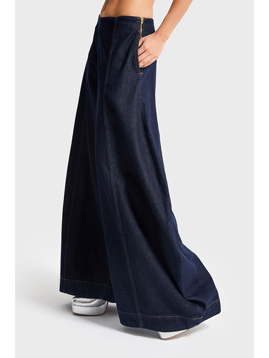 Kadın İndigo Renk 7w5-50 Yüksek Bel Palazzo Balon Fit %100 Pamuk Özel Tasarım Denim Jean