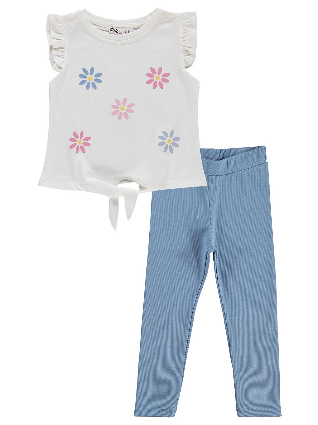 Girls Çiçek Baskılı 2-5 Yaş Takım - Kırık Beyaz-Açık İndigo-2