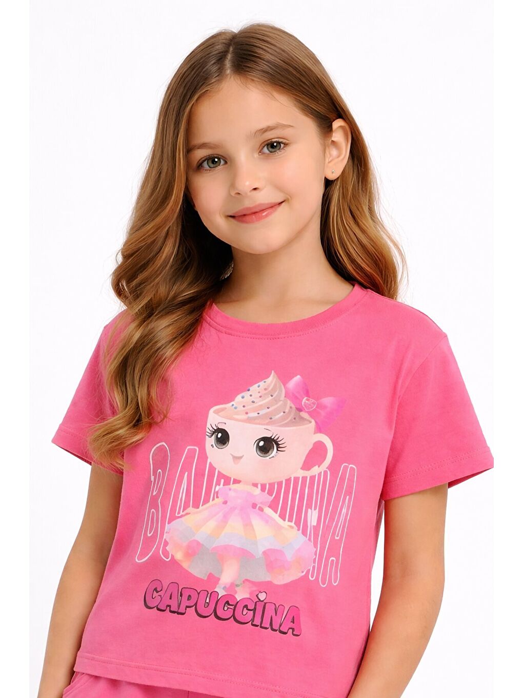 Pembe Sevimli Capuccina Baskılı Kız Çocuk Şortlu 2li Takım 23889-2