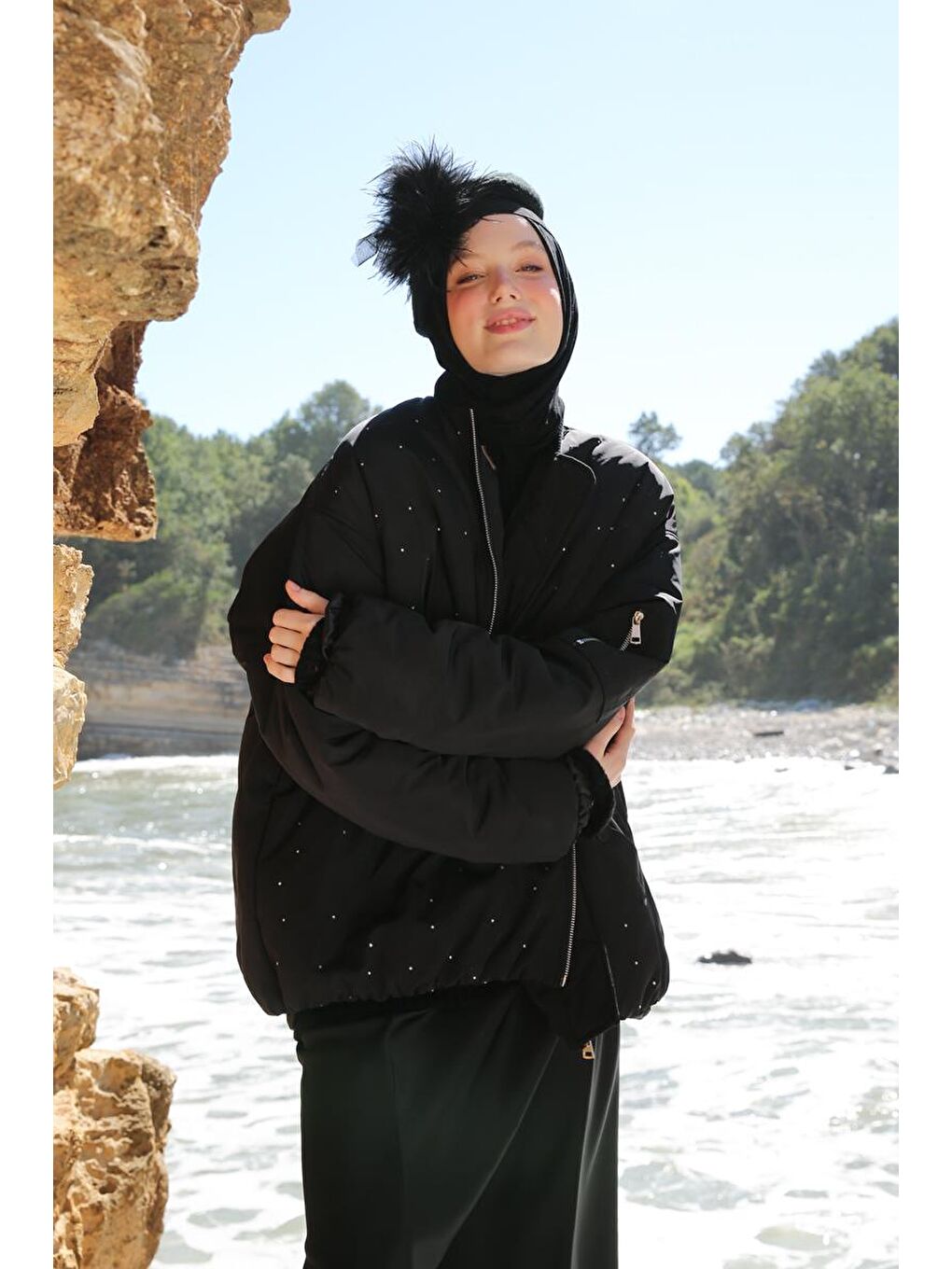 Siyah -Taşlı Bomber Ceket