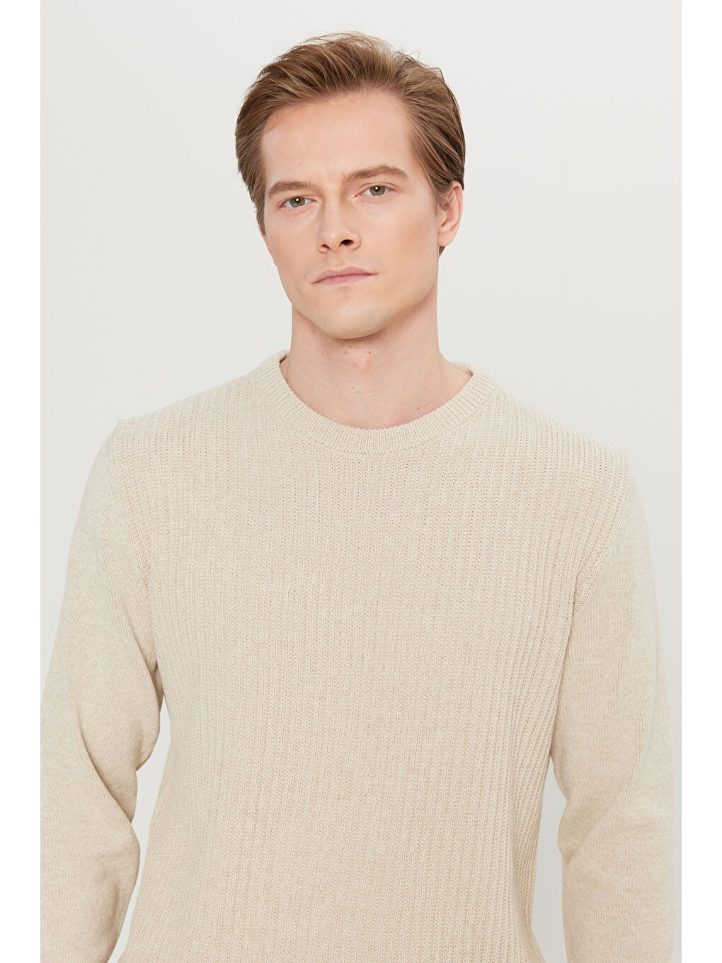 Erkek Açık Bej Pamuklu Standart Fit Normal Kesim Bisiklet Yaka Jakarlı Triko Kazak-3