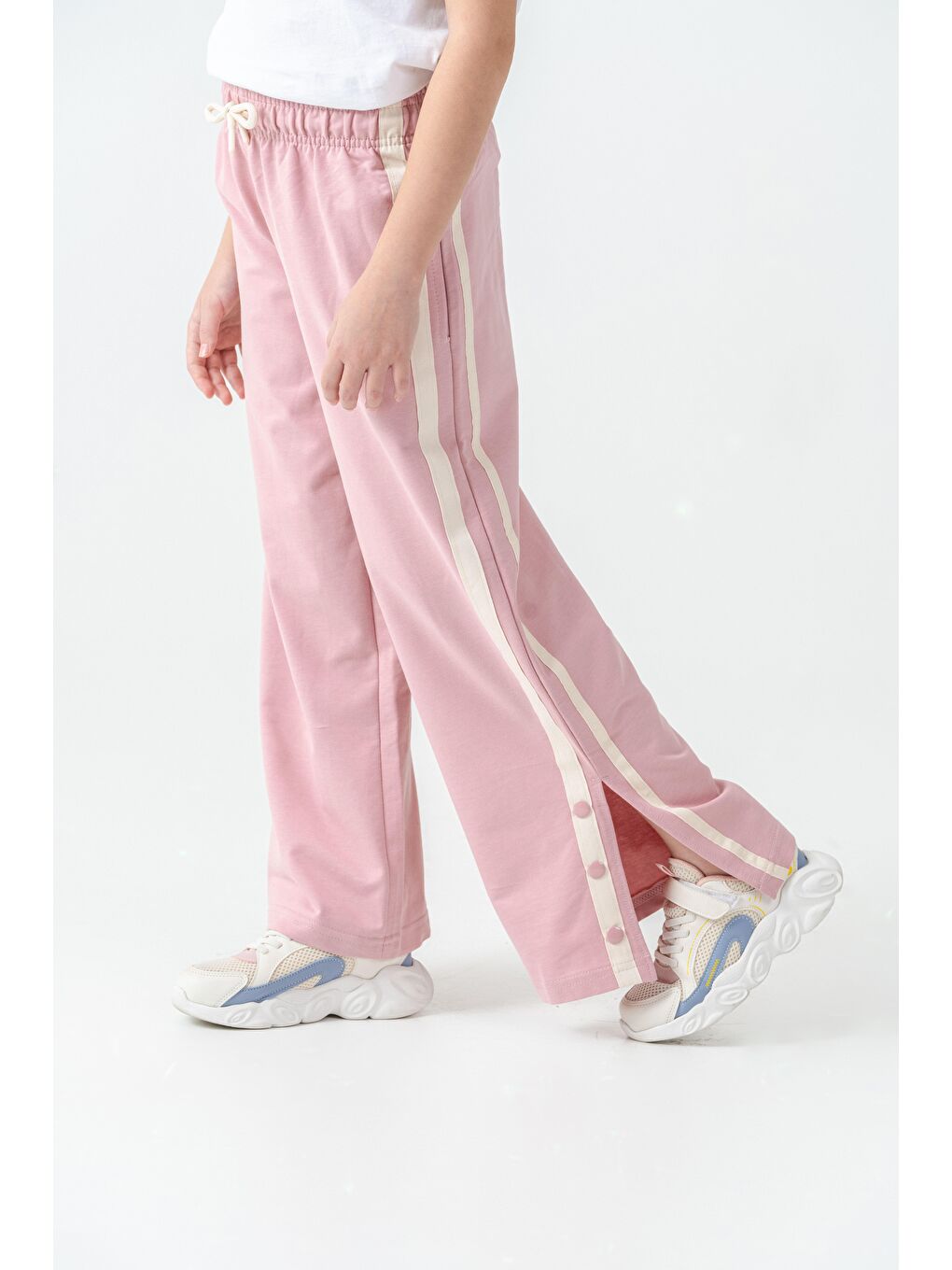 Pembe Yanlar Grogren Şeritli Paçalar Çıtçıtlı Kız Çocuk Eşofman Alt-2