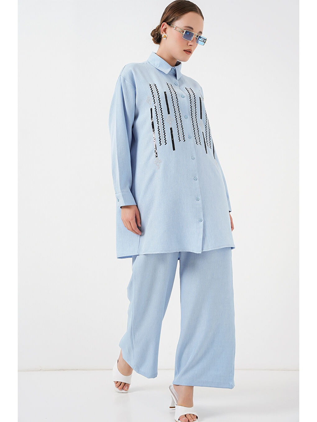 Desenli Tunik Pantolon İkili Takım 6720 - Mavi