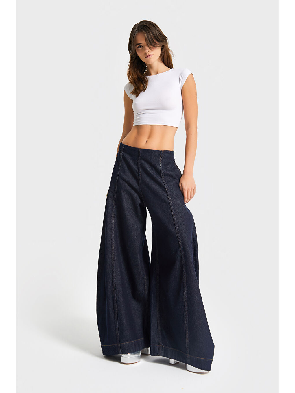 Kadın İndigo Renk 7w5-50 Yüksek Bel Palazzo Balon Fit %100 Pamuk Özel Tasarım Denim Jean-1