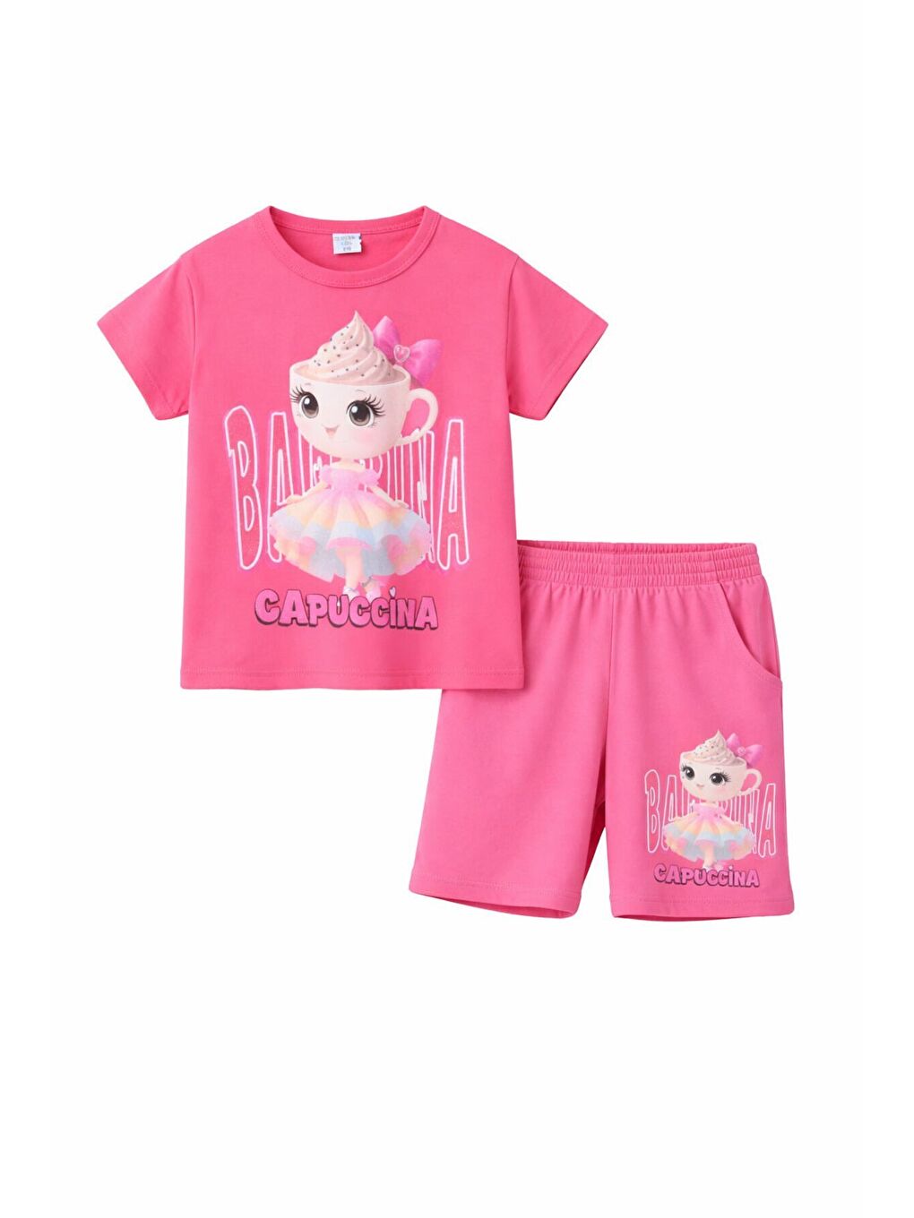 Pembe Sevimli Capuccina Baskılı Kız Çocuk Şortlu 2li Takım 23889-4