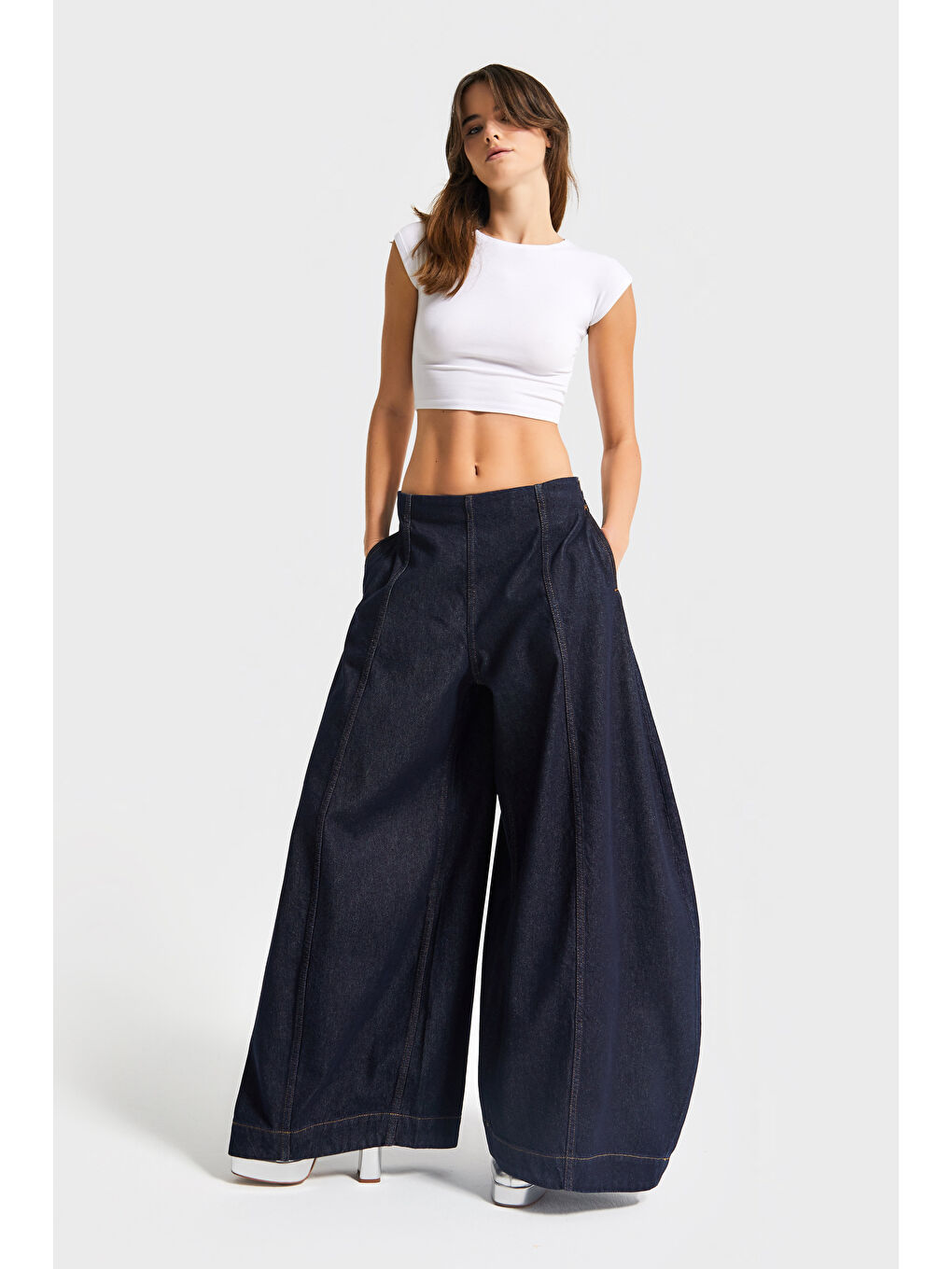 Kadın İndigo Renk 7w5-50 Yüksek Bel Palazzo Balon Fit %100 Pamuk Özel Tasarım Denim Jean-3