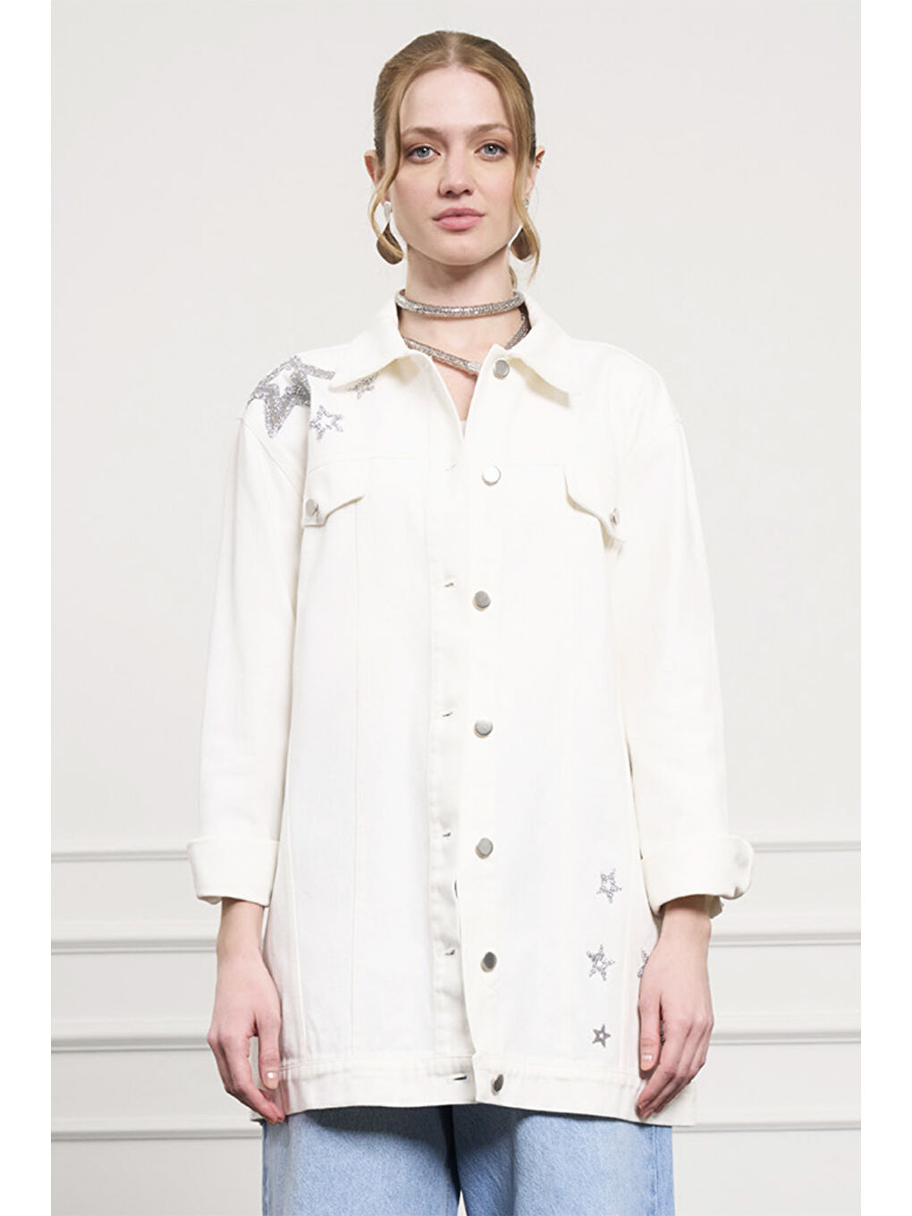 Taş Detay Jean Ceket 4042 Ekru-1