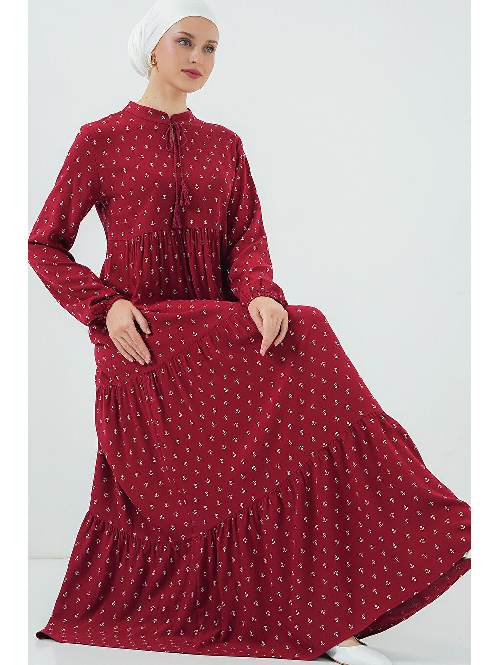 1627 Yaka Bağcıklı Tesettür Elbise - Bordo