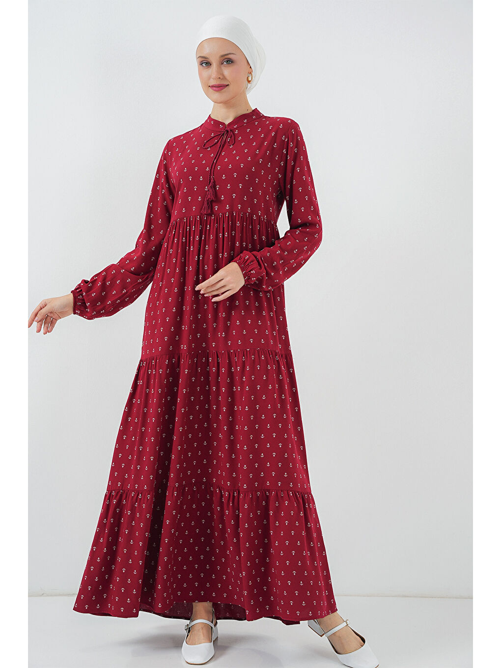 1627 Yaka Bağcıklı Tesettür Elbise - Bordo-1
