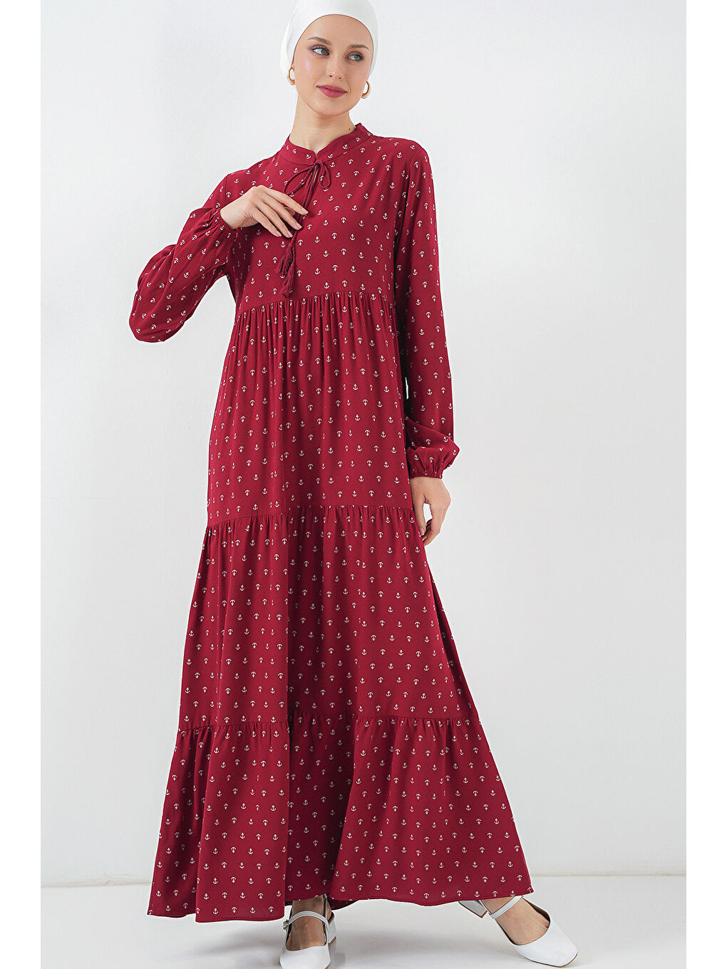 1627 Yaka Bağcıklı Tesettür Elbise - Bordo-2