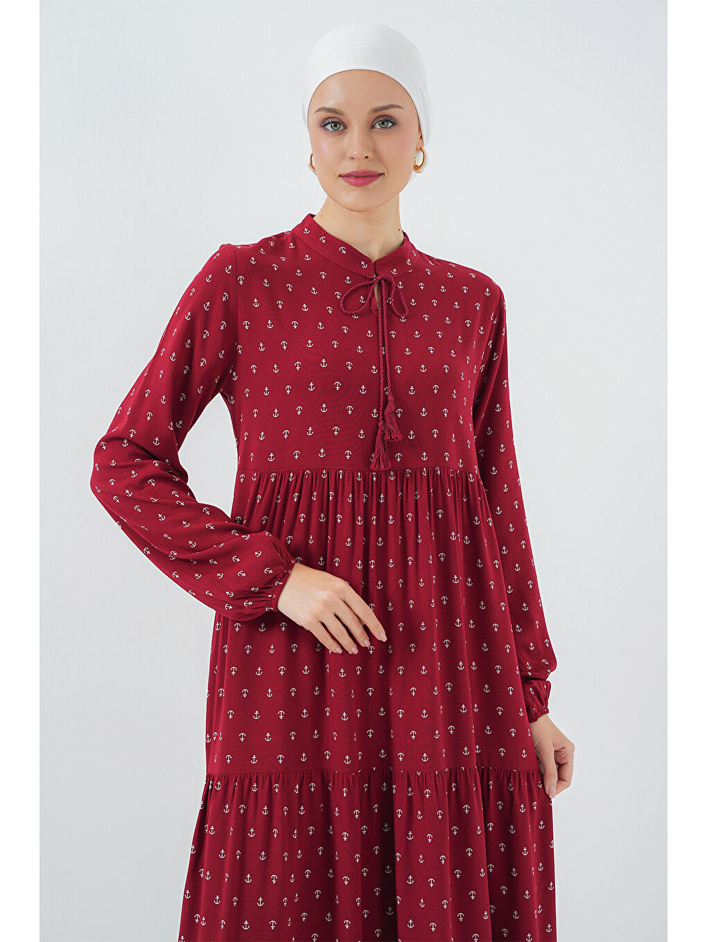 1627 Yaka Bağcıklı Tesettür Elbise - Bordo-3