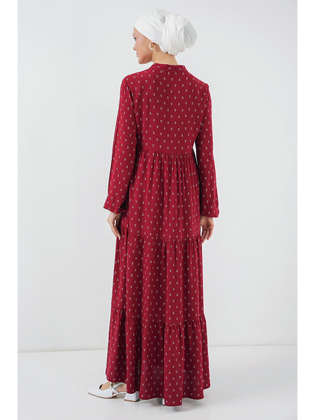 1627 Yaka Bağcıklı Tesettür Elbise - Bordo-5