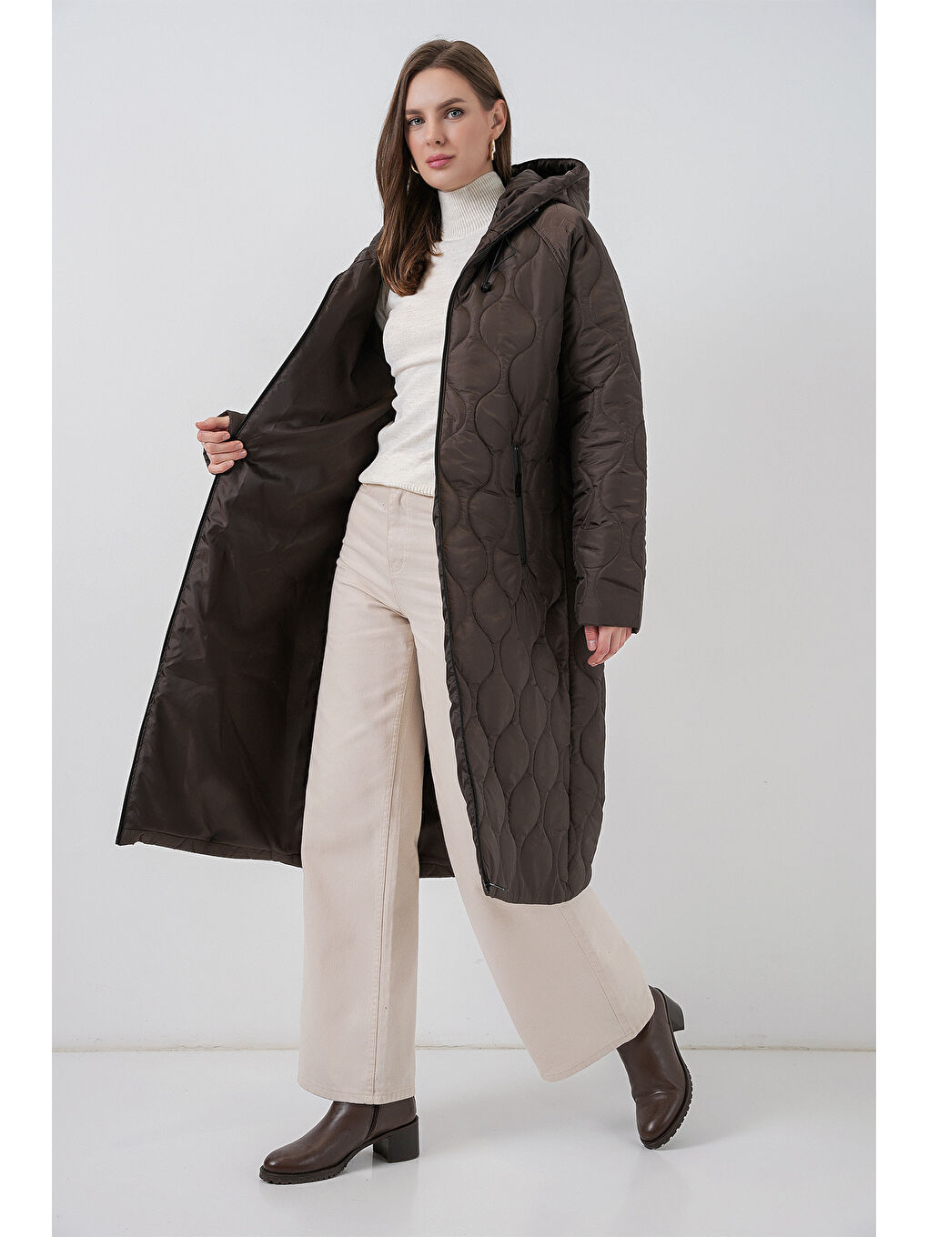 5177 Kapüşonlu Uzun Kapitone Mont - Kahverengi-2