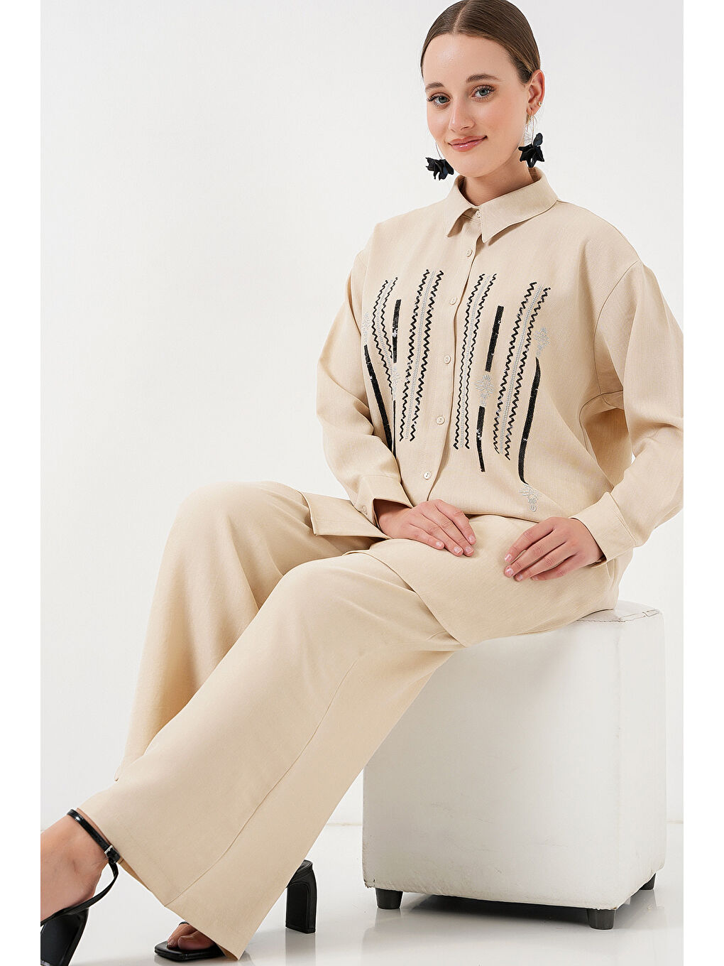 Ekru Desenli Tunik Pantolon İkili Takım 6720 - Krem