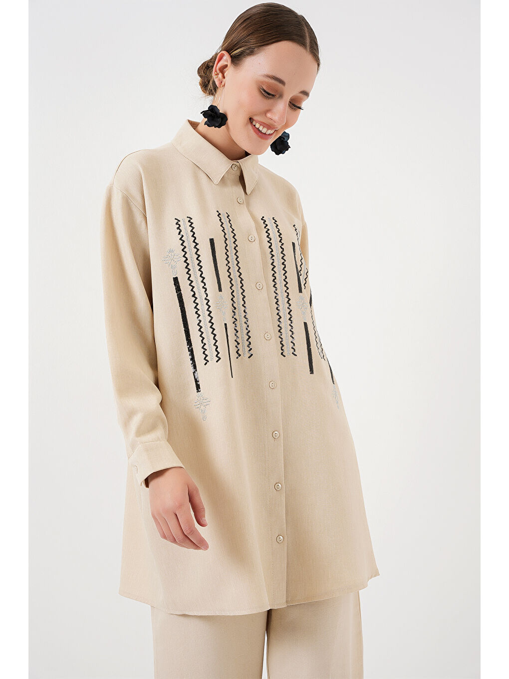 Ekru Desenli Tunik Pantolon İkili Takım 6720 - Krem-1